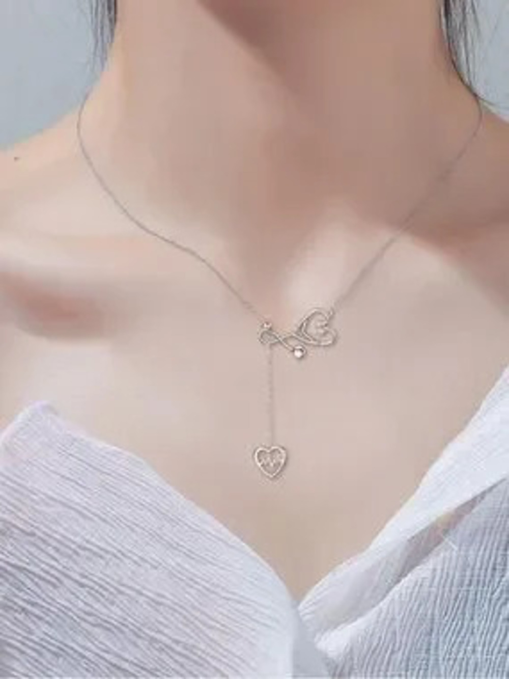 Silver Heart Lariat Necklace with Heartbeat Charm